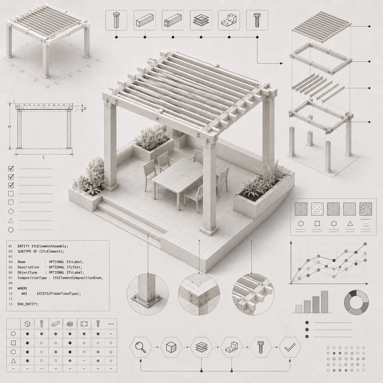 Illustration for challenge 10: prefabricated pergola.